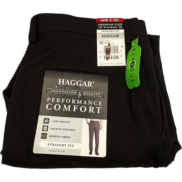 HAGGAR Men's Performance Comfort Dress Pant Straight Fit Black 34W x 30L NWT - Picture 2 of 12